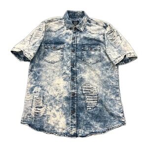 Blue Stitch Denim Shirt Mens Large Blue Acid Wash Distressed Western Streetwear